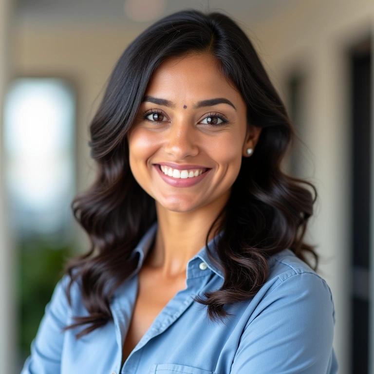 Professional portrait of Dr. Anya Sharma, a friendly and experienced nutritionist
