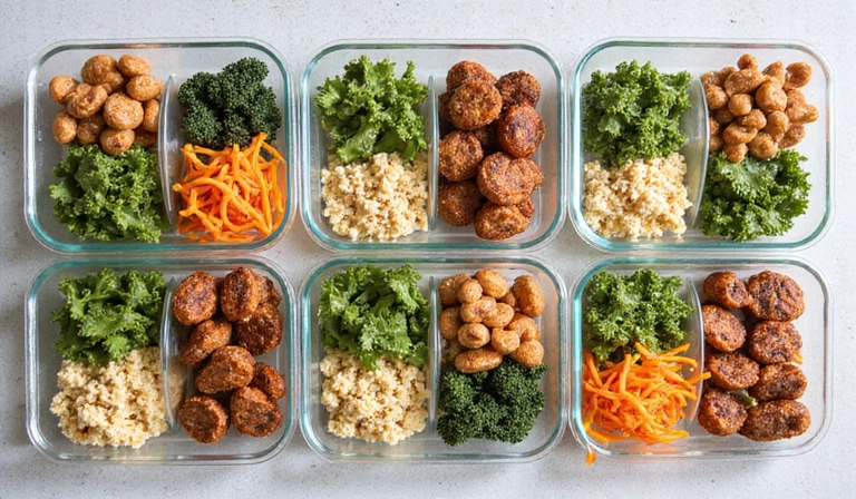 Containers filled with neatly portioned, healthy meals for the week, showcasing efficient meal preparation.