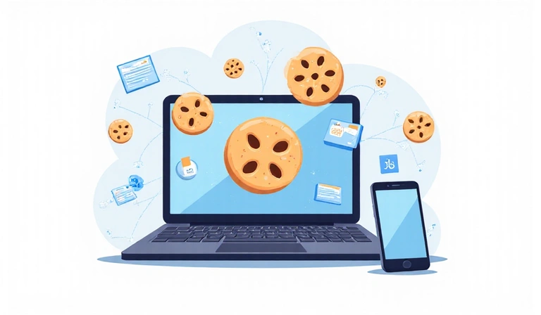 Illustration of various types of cookies on a digital device, symbolizing data collection and privacy