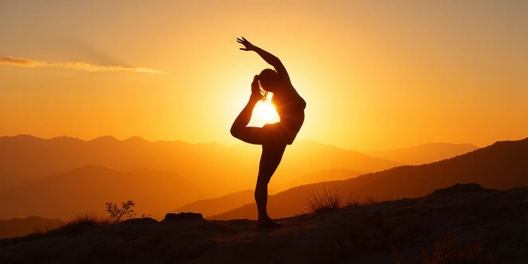 A person performing a yoga pose at sunrise, symbolizing early morning fitness and energy.