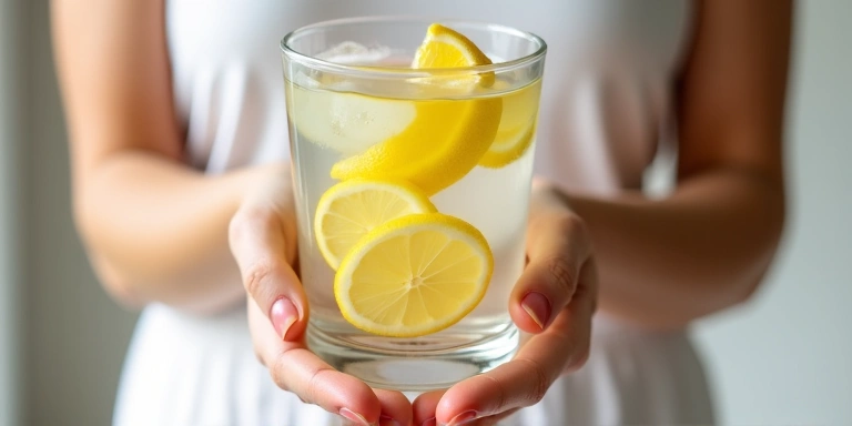 Hands holding a glass of water with lemon slices, representing hydration and detoxification.